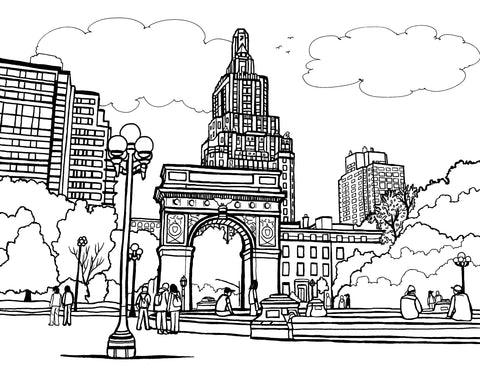 Black and white line drawing for coloring, depicting the iconic Washington Square Park with its famous arch and fountain, surrounded by detailed urban landscape and casual park-goers, set against a backdrop of high-rise buildings and fluffy clouds. Free coloring Page :: YouColor