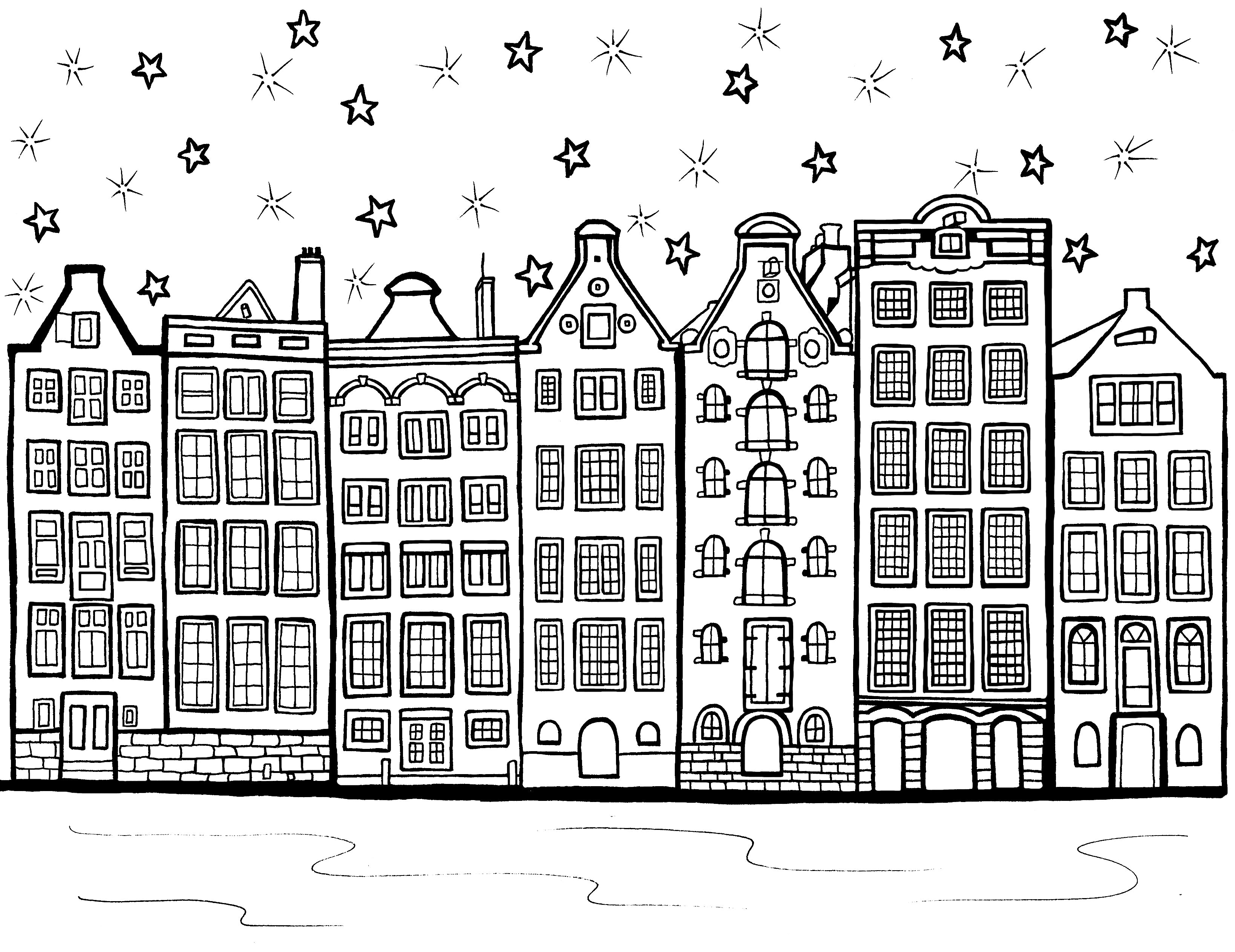 Detailed black and white coloring page depicting a charming row of Amsterdam's iconic narrow houses with their distinctive gabled facades, set along a serene canal. Above the houses, a whimsical array of stars twinkles in the sky, suggesting a peaceful night scene. The image invites colorists to add their hues to the historic architecture and tranquil waters, bringing to life the essence of a quiet evening in Amsterdam. Free coloring page  :: You-Color