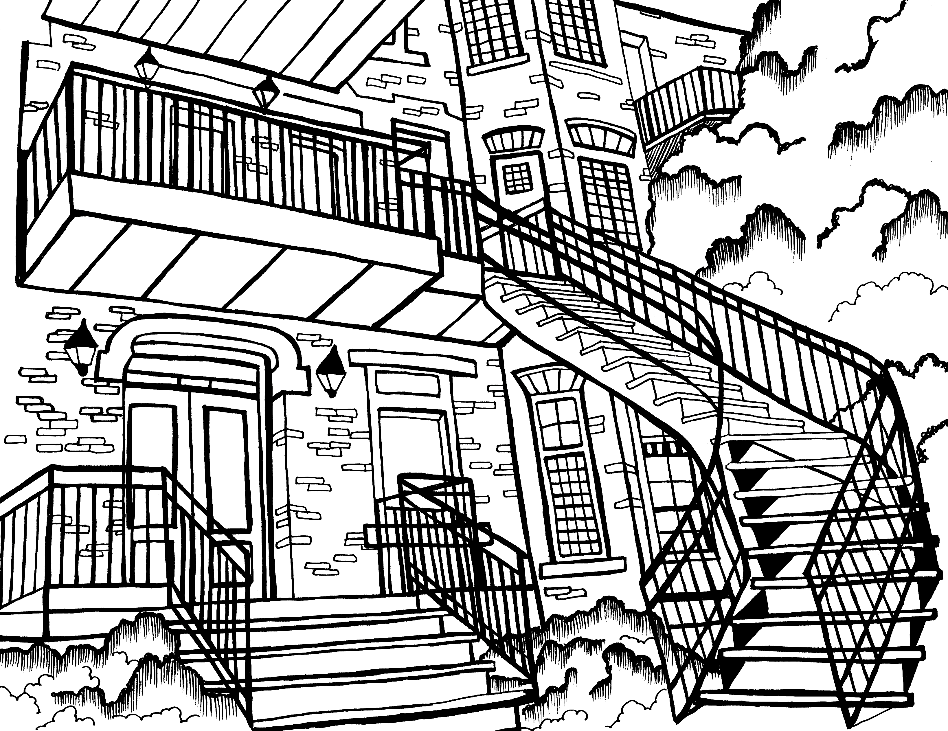 The black and white coloring page features a scene of the quintessential Montreal staircase, with its intricate metalwork and cascading design, adjacent to the traditional stone facade homes. The stairs not only add depth to the image but also reflect a storied aspect of Montreal's architectural history, inviting one to engage with the city’s unique cultural landscape. Free coloring page :: You-Color
