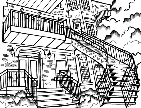 The black and white coloring page features a scene of the quintessential Montreal staircase, with its intricate metalwork and cascading design, adjacent to the traditional stone facade homes. The stairs not only add depth to the image but also reflect a storied aspect of Montreal's architectural history, inviting one to engage with the city’s unique cultural landscape. Free coloring page :: You-Color