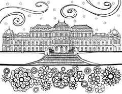 Elevate your coloring with this detailed representation of Vienna's Belvedere Palace, featuring intricate black lines of swirls in the sky outlining its famous baroque architecture and mandala gardens, ready to be adorned with the colors of your choice. A delightful journey into Austria's imperial history awaits. Free coloring page :: You-Color