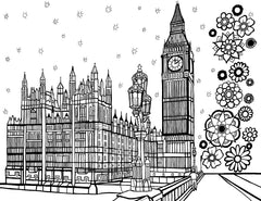 Line drawing coloring page presenting a detailed view of the iconic Big Ben and the Houses of Parliament in London, England. The illustration captures the intricate Gothic Revival architecture, with the towering clock tower standing prominently beside the ornate parliamentary buildings. The composition is framed by a whimsical arrangement of flowers on the right side and snowflake-like stars sprinkled across the top, suggesting a festive or winter season. Free coloring page :: You-Color