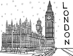 Line drawing coloring page presenting a detailed view of the iconic Big Ben and the Houses of Parliament in London, England. The sky is full of stars and hand drwan letters in black of the letters making the name of the city London.The illustration captures the intricate Gothic Revival architecture, with the towering clock tower standing prominently beside the ornate parliamentary buildings. Free coloring page :: You-Color