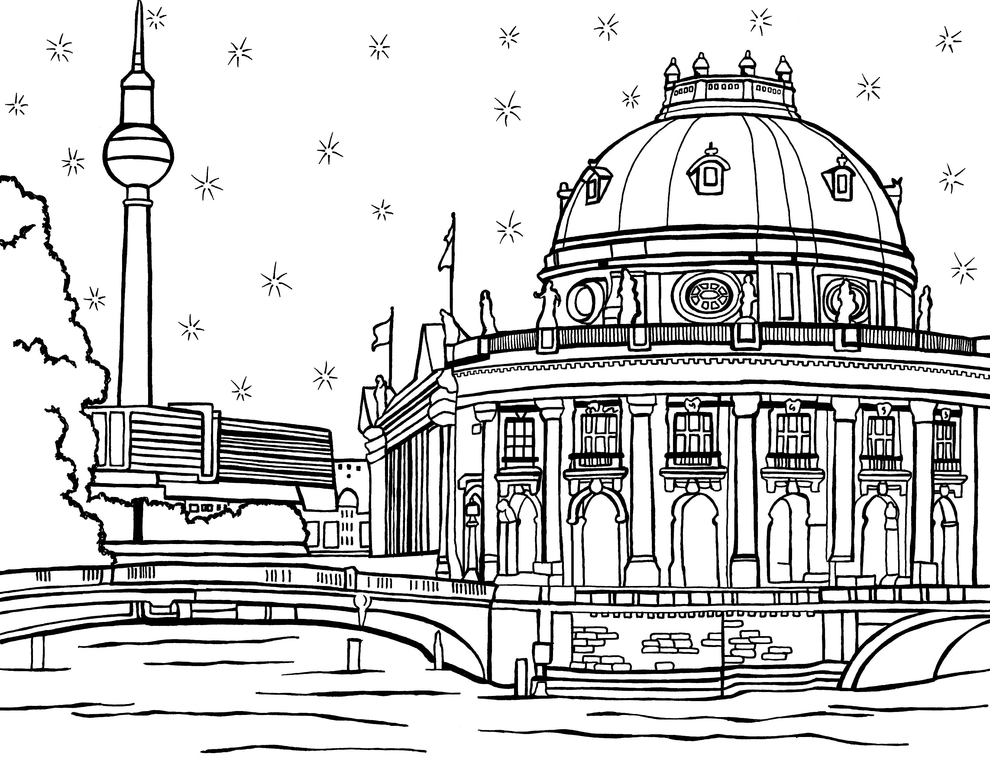 Black and white coloring page depicting the Bode Museum in Berlin, Germany, with its majestic dome and classic facade alongside the Spree river. The scene includes the iconic Berlin TV Tower (Fernsehturm) in the background, with a bridge spanning the river in the foreground. The sky is adorned with twinkling stars, suggesting a peaceful night in the city. Free coloring page :: You-Color