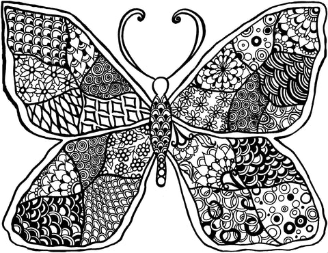 Artistic adult coloring page featuring a large, symmetrical butterfly with wings elaborately filled with diverse mandala textures. Each wing segment contains a unique pattern, from tightly coiled spirals to floral designs and geometric shapes, creating a visually captivating mosaic. The intricate details offer a therapeutic coloring experience, allowing for a personal touch of colors to animate this symbol of transformation and beauty. Free coloring page