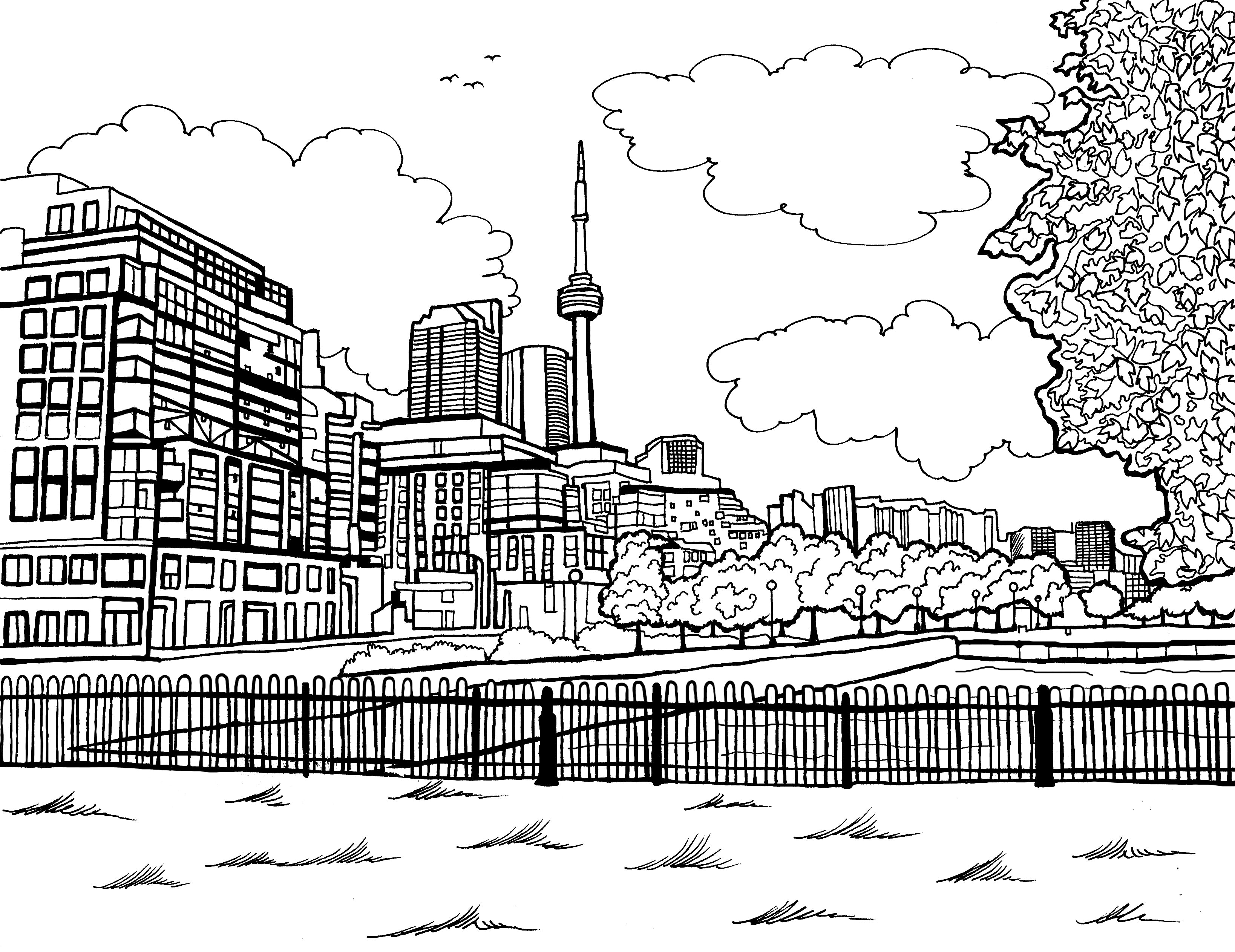 Line drawing for coloring of the Toronto skyline with the iconic CN Tower prominently displayed in the background. The illustration showcases a variety of buildings with diverse architectural styles, from modern skyscrapers to traditional structures. Fluffy cumulus clouds adorn the sky, and a lush, detailed tree occupies the right side of the composition, suggesting a park. In the foreground, a fence runs parallel to a calm body of water with the view of the city of Toronto, CN Tower.:: You-Color