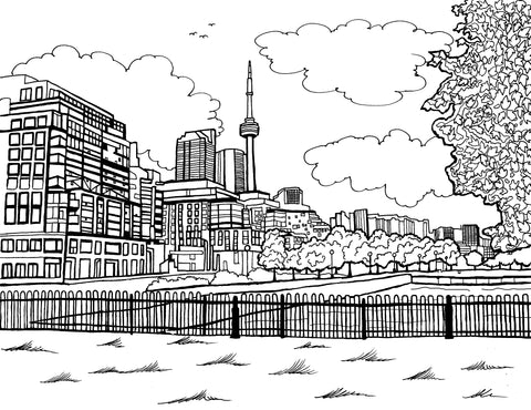 Line drawing for coloring of the Toronto skyline with the iconic CN Tower prominently displayed in the background. The illustration showcases a variety of buildings with diverse architectural styles, from modern skyscrapers to traditional structures. Fluffy cumulus clouds adorn the sky, and a lush, detailed tree occupies the right side of the composition, suggesting a park. In the foreground, a fence runs parallel to a calm body of water with the view of the city of Toronto, CN Tower.:: You-Color
