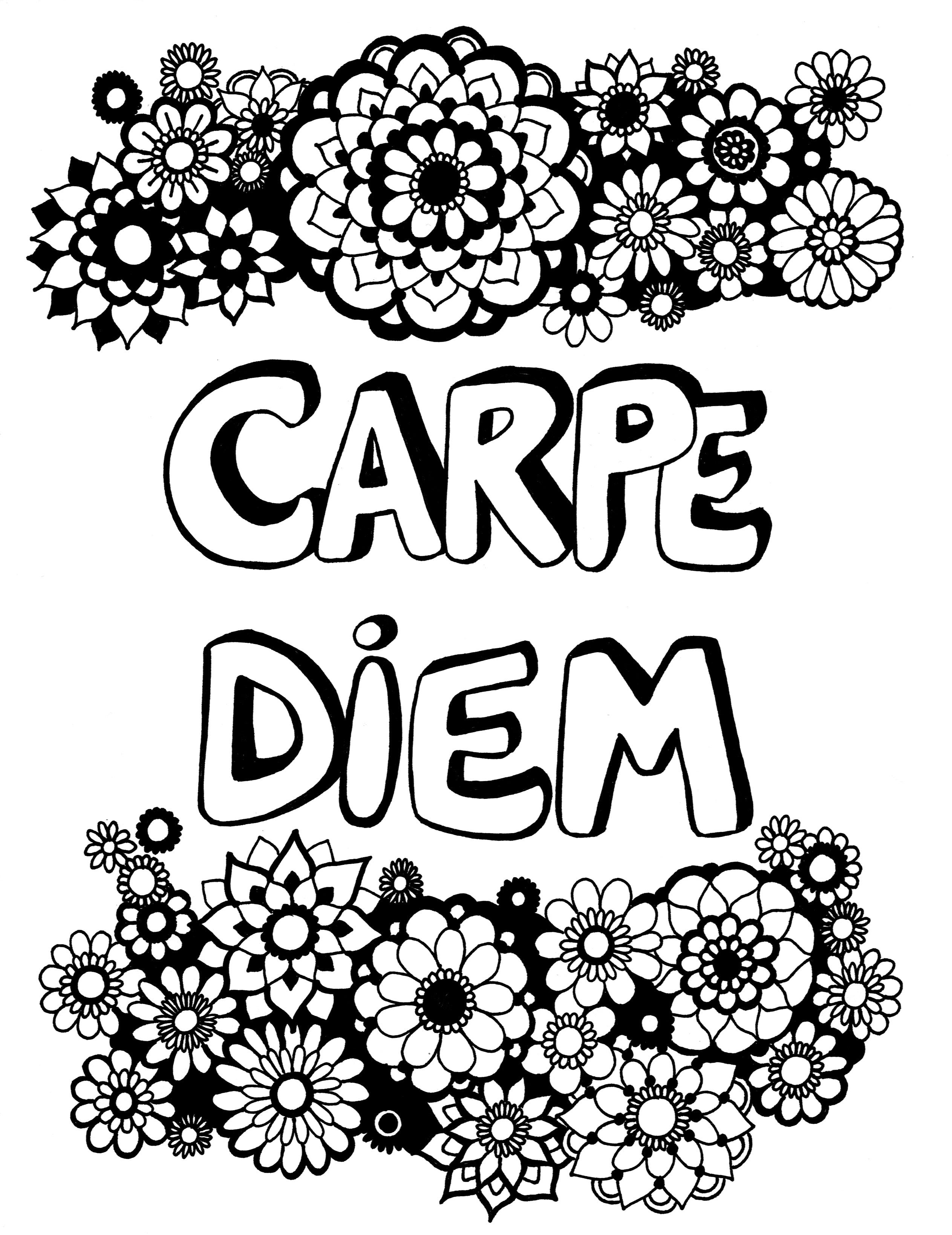 Motivational coloring page for adults featuring the timeless Latin phrase 'CARPE DIEM' nestled between diverse mandala flowers. The phrase, which translates to 'seize the day,' is rendered in bold, playful lettering that contrasts with the surrounding intricate floral patterns. This design invites colorists to infuse vibrant hues into the detailed blossoms. An ideal creative outlet for those who appreciate life's affirmations paired with the meditative practice of coloring. Free coloring page :: You-Color