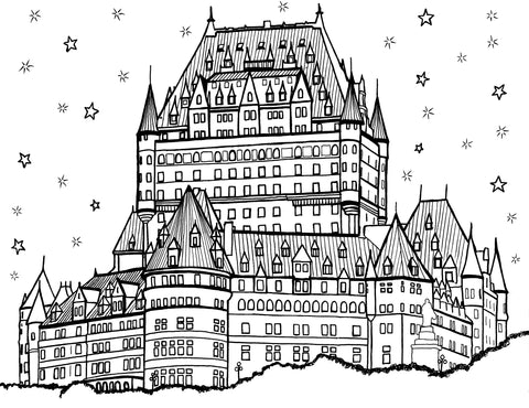 Detailed black and white line drawing of the historic Château Frontenac in Quebec City for coloring, set against a night sky sprinkled with stars. The illustration showcases the hotel's iconic châteauesque architectural style with its numerous gabled roofs, turrets, and intricate facade details, inviting a creative exploration of color. Free coloring page :: You-Color