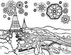 Line art illustration of Chiang Mai landscape with a view of Doi Suthep Temple in Thailand for a coloring page. The artwork features the temple's iconic tiered pagodas rising above a lush, detailed forest canopy, with a stylized representation of the surrounding mountains. The sky is adorned with a variety of decorative mandala-like flowers, combining natural and cultural elements. Free coloring page :: You-Color