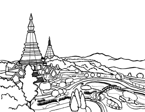 A stunning black and white coloring page capturing the essence of Chiang Mai, Thailand, with a backdrop of rolling hills and a foreground featuring iconic Thai pagodas. This page offers a peaceful retreat into the tranquility and spiritual depth of Northern Thailand, awaiting the addition of color to bring its rich culture and serene landscapes to life. Perfect for artistic minds intrigued by Thailand's history and natural beauty. Free coloring page :: You-Color