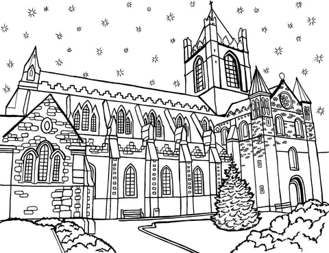 A detailed black and white coloring page featuring Christ Church Cathedral in Dublin, Ireland, with its striking Gothic architecture, pointed arches, and sturdy buttresses. The cathedral stands majestically against a sky filled with stars, suggesting a crisp winter night. A Christmas tree by the entrance and snow-laden bushes add a festive touch to the scene. Free coloring page :: You-Color