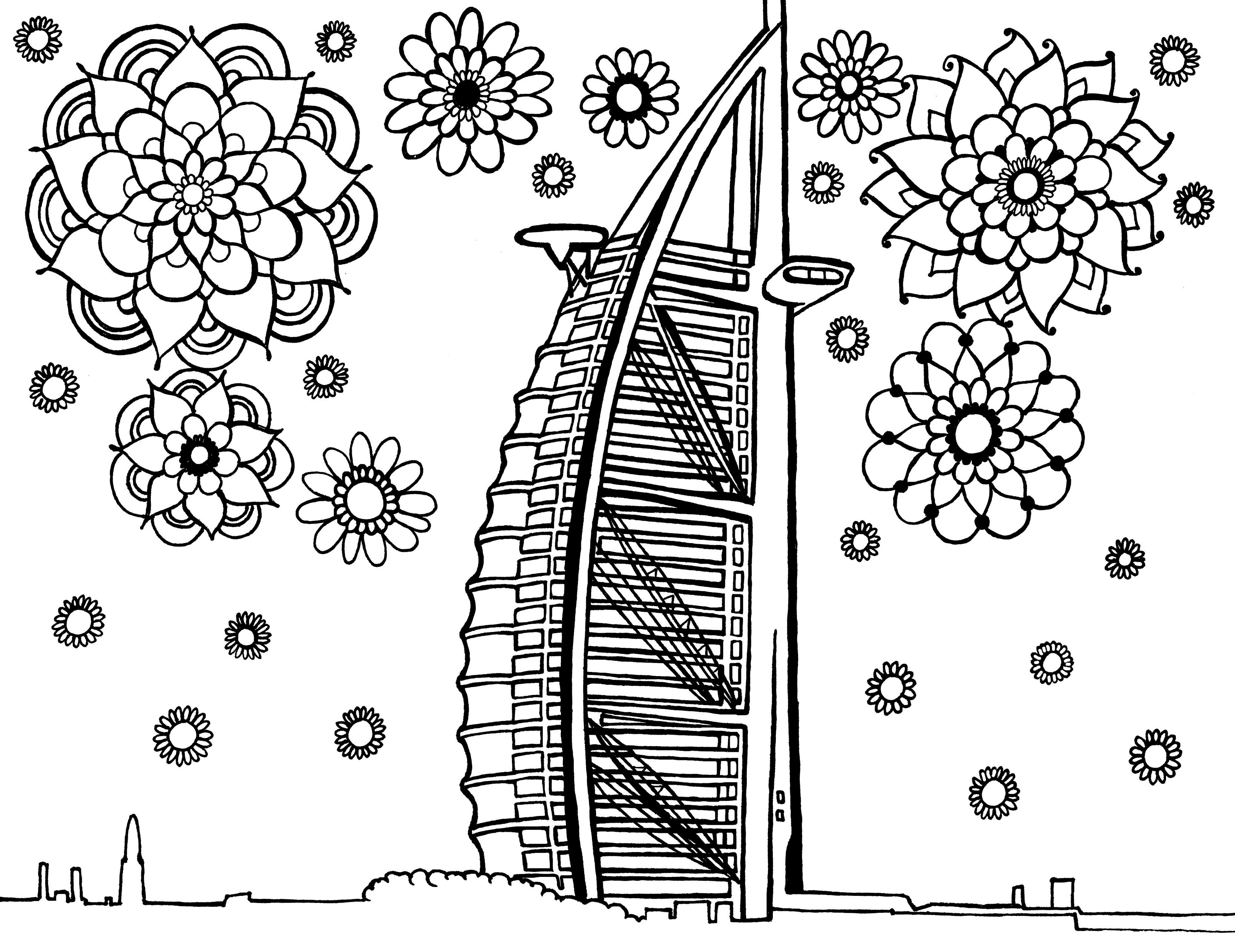 Black and white line drawing for coloring, featuring the iconic Burj Al Arab hotel in Dubai, characterized by its sail-shaped structure. The illustration is whimsically adorned with a variety of intricate floral patterns of different sizes floating around the building, creating a contrast between the modern architectural marvel and the traditional decorative flowers. The skyline is minimal, hinting at the city's silhouette in the background. Free coloring page :: You-Color