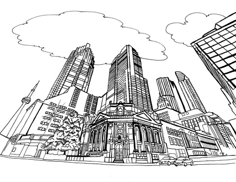 Black and white coloring page featuring a detailed sketch of downtown Toronto's urban skyline with a mix of modern skyscrapers, the iconic CN Tower in the distance, historic architecture, and bustling city streets. Free coloring page :: You-Color