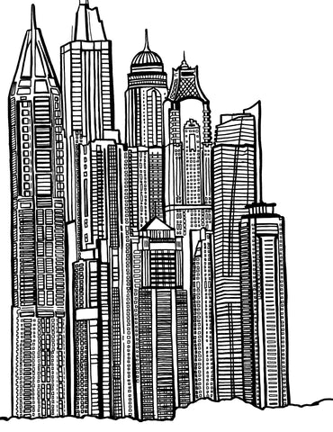 Detailed black and white line art illustration of the Dubai skyline for a coloring page, featuring iconic skyscrapers with their distinctive architectural designs. The image captures the essence of Dubai's modern cityscape, inviting adults to add color to this intricate urban scene. Free coloring page :: You-Color