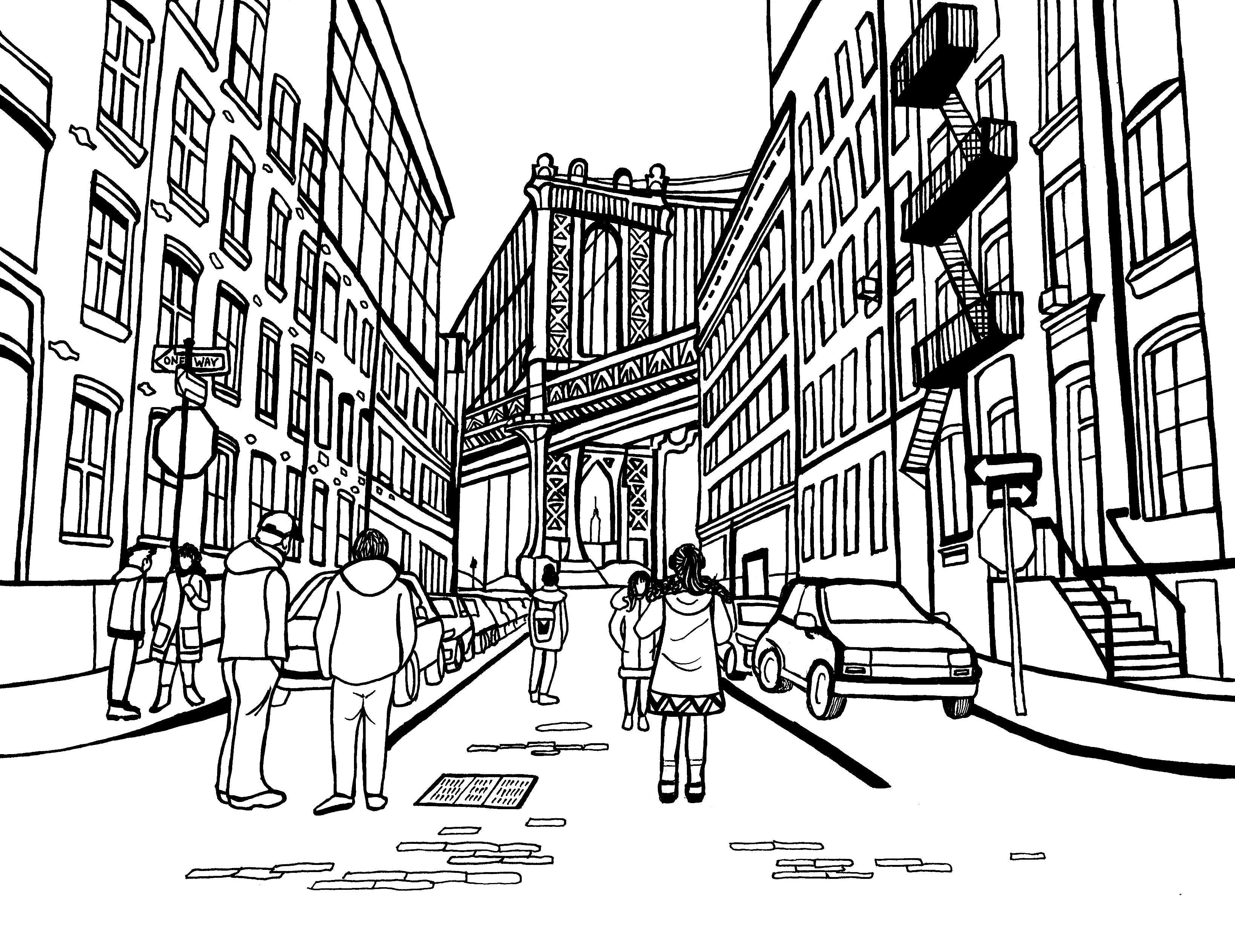 Line art illustration for coloring, featuring a street view in DUMBO, Brooklyn with pedestrians walking towards the Manhattan Bridge. The bridge's distinctive steel structure arches over the scene, set against a backdrop of classic New York buildings with their signature fire escapes. The urban landscape is detailed, with a street sign indicating 'One Way,' cars parked along the road, and a woman in the foreground capturing the moment with her camera. Free coloring page :: You-Color