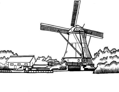 Line art illustration of a traditional Dutch windmill with expansive sails, set in a tranquil rural scene with a cottage, a fence, and lush shrubbery, perfect for an adult coloring page. This classic Netherlands landscape reflects a serene countryside ambiance. Free coloring page :: You-Color