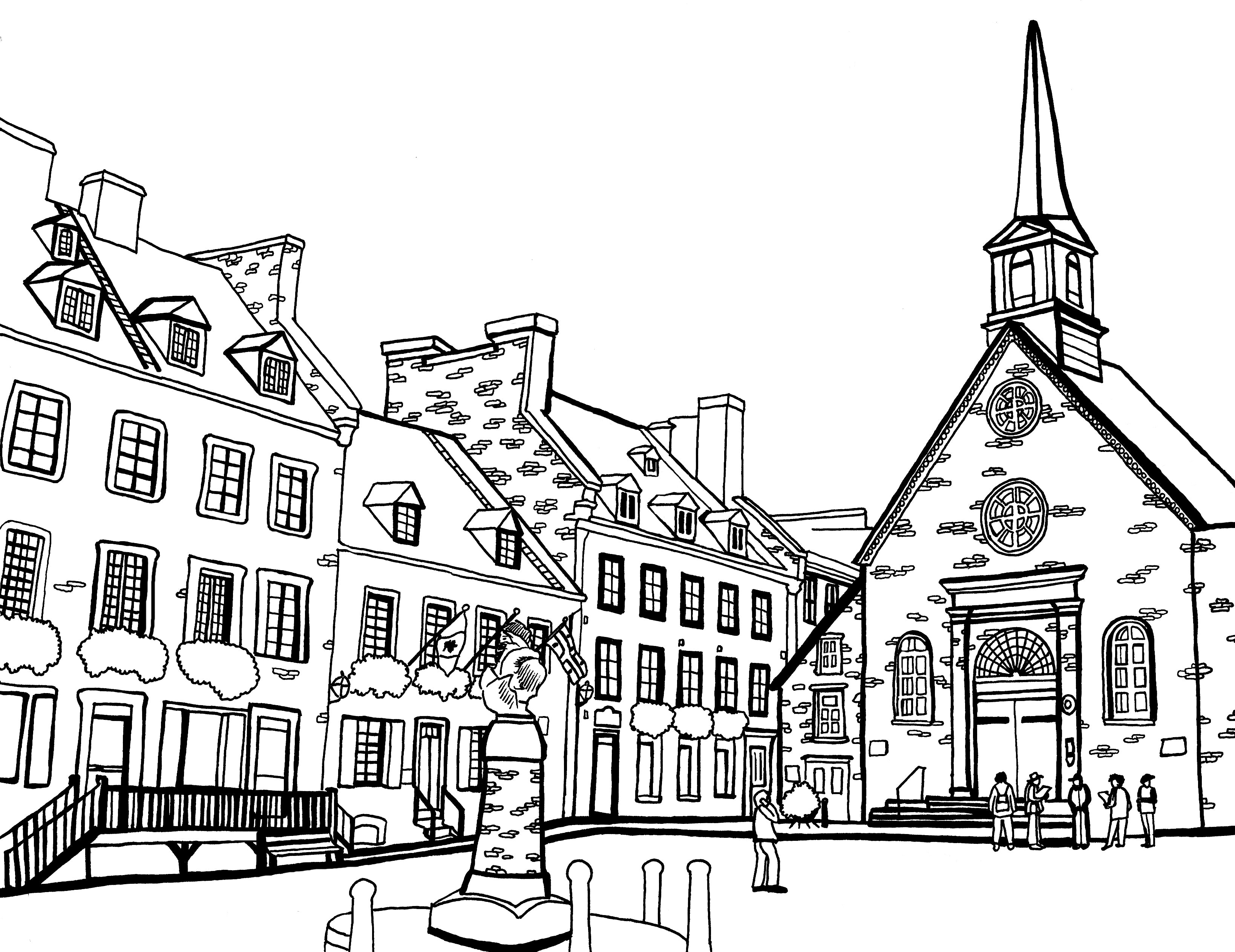 Black and white line drawing of Église Notre-Dame-des-Victoires in Quebec City for a coloring page, depicting the quaint, historic architecture of the church with its distinctive steeple and facade, alongside the traditional stone buildings of Place Royale, with pedestrians adding life to the serene setting. Free coloring page :: You-Color