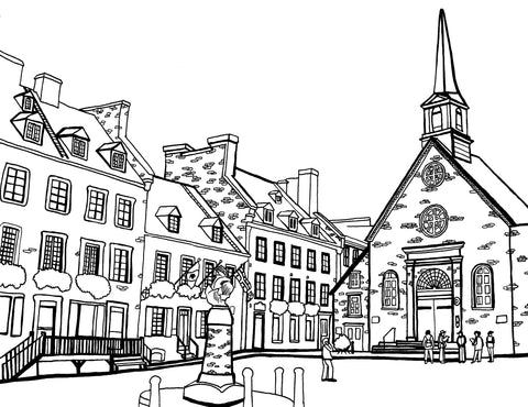 Black and white line drawing of Église Notre-Dame-des-Victoires in Quebec City for a coloring page, depicting the quaint, historic architecture of the church with its distinctive steeple and facade, alongside the traditional stone buildings of Place Royale, with pedestrians adding life to the serene setting. Free coloring page :: You-Color