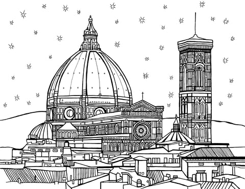 This coloring page, presented by YouColor and crafted by the talented Nancy Béliveau, offers a free and exquisite depiction of the Santa Maria del Fiore in Florence, Italy. The image elegantly captures the cathedral's grand dome and Giotto's bell tower, set against a sky sprinkled with stars, awaiting the touch of color from enthusiasts around the world to bring this masterpiece to vibrant life. Free coloring page :: You-Color