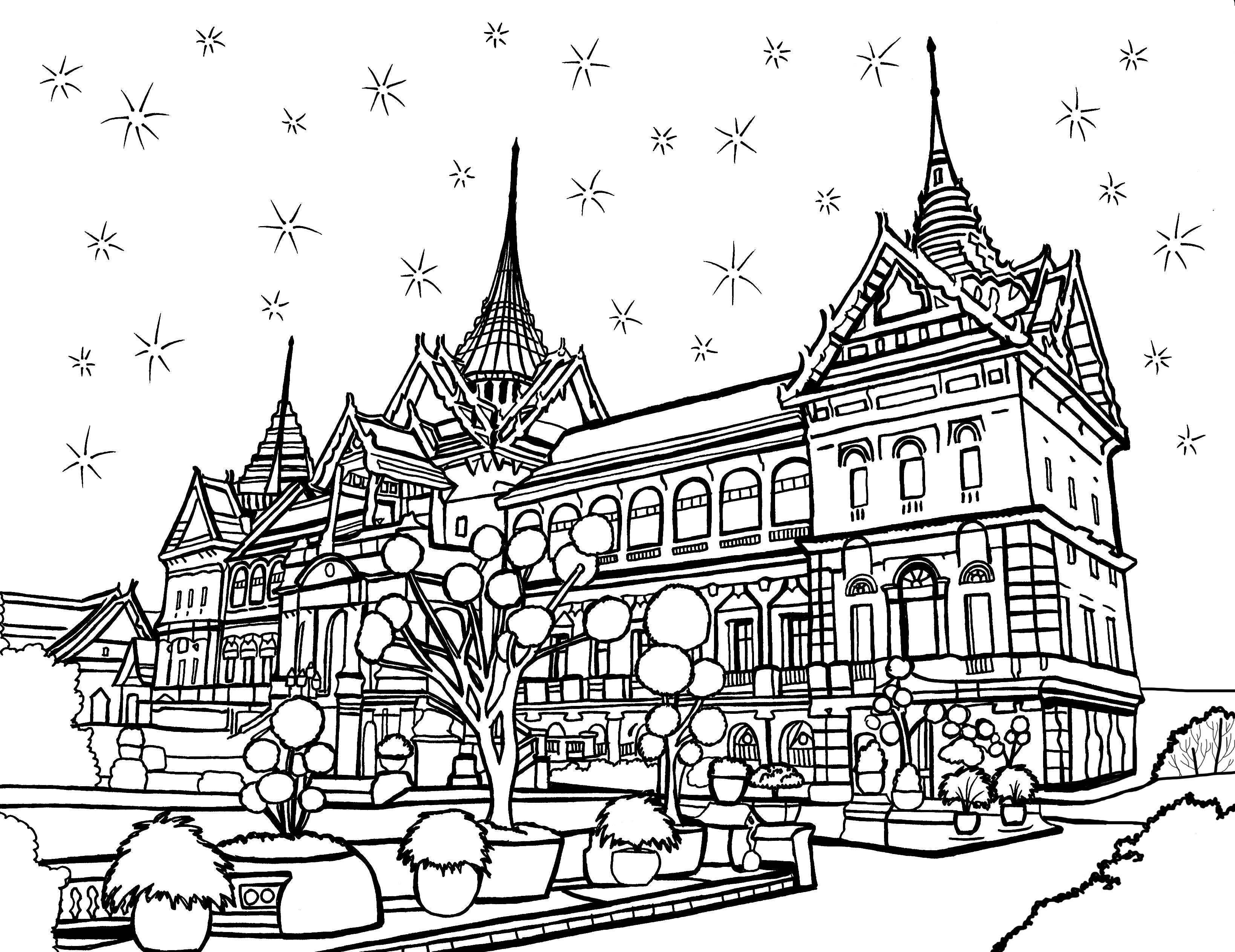 Detailed black and white coloring page depicting the Grand Palace in Bangkok, Thailand, showcasing its elaborate architecture with multiple tiers of roofs, ornate spires, and decorative elements. The palace is surrounded by stylized trees and topiaries, with a clear, star-embellished sky above. This intricate illustration invites a relaxing coloring experience, allowing for personal creativity in bringing the historical landmark to life with color. Free coloring page :: You-Color
