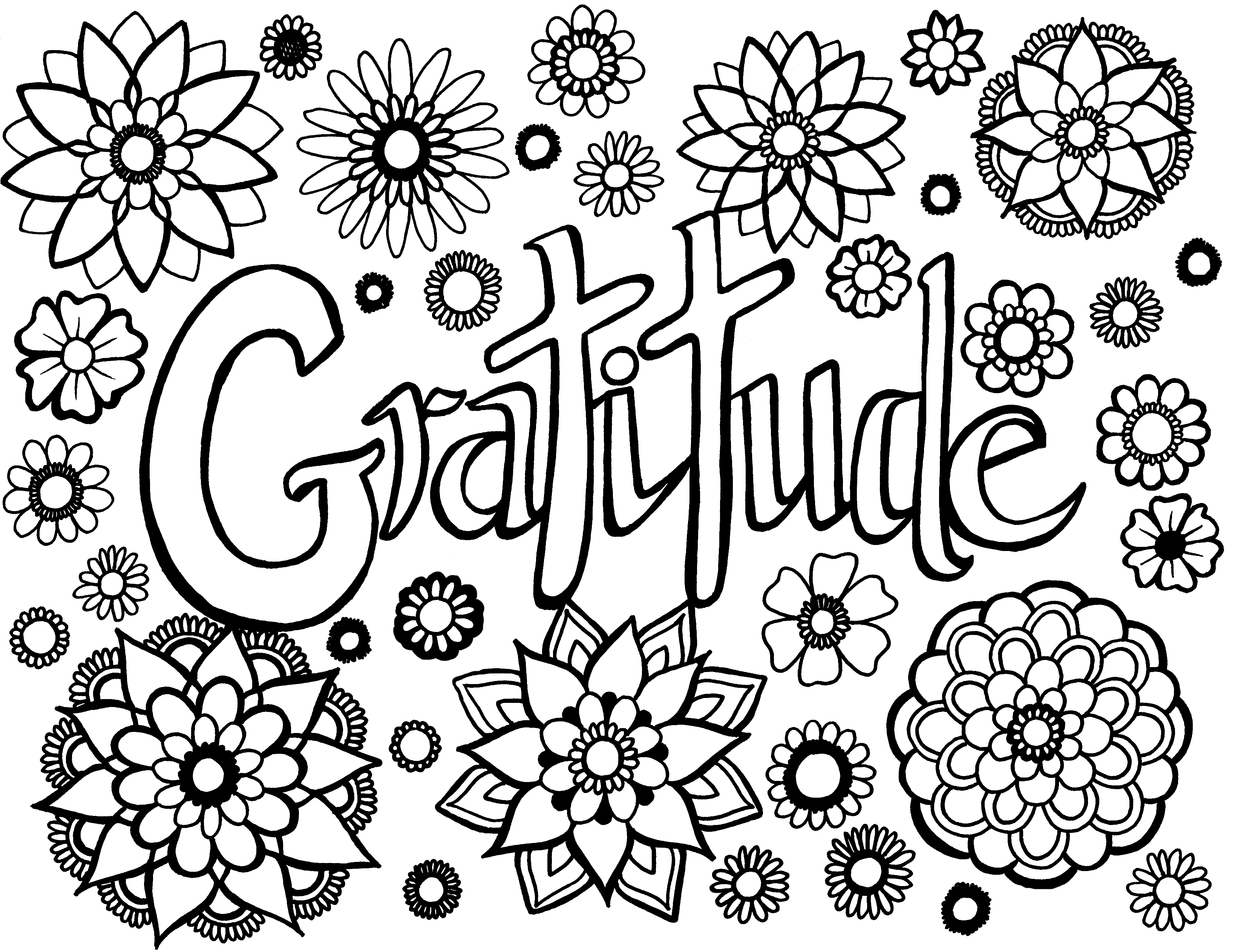 Coloring page with the word 'Gratitude' in bold, flowing script, surrounded by a variety of mandala-inspired flowers with intricate petals and patterns. The design invites a calming coloring experience, focusing on thankfulness and mindfulness, suitable for adults seeking a creative and reflective activity. Free coloring page :: YouColor