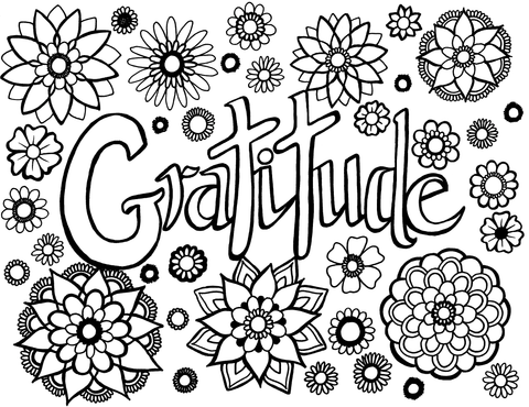 Coloring page with the word 'Gratitude' in bold, flowing script, surrounded by a variety of mandala-inspired flowers with intricate petals and patterns. The design invites a calming coloring experience, focusing on thankfulness and mindfulness, suitable for adults seeking a creative and reflective activity. Free coloring page :: YouColor