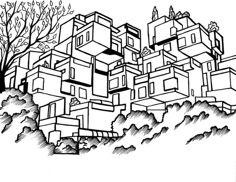 Line drawing of the iconic Habitat 67 architecture from Expo 67 in Montreal, designed for adult coloring. The illustration features the distinctive cubic structures of the residential complex, stacked in various configurations with trees and landscaping, capturing the modernist design and innovative spirit of the historic world's fair. Free coloring page :: You-Color