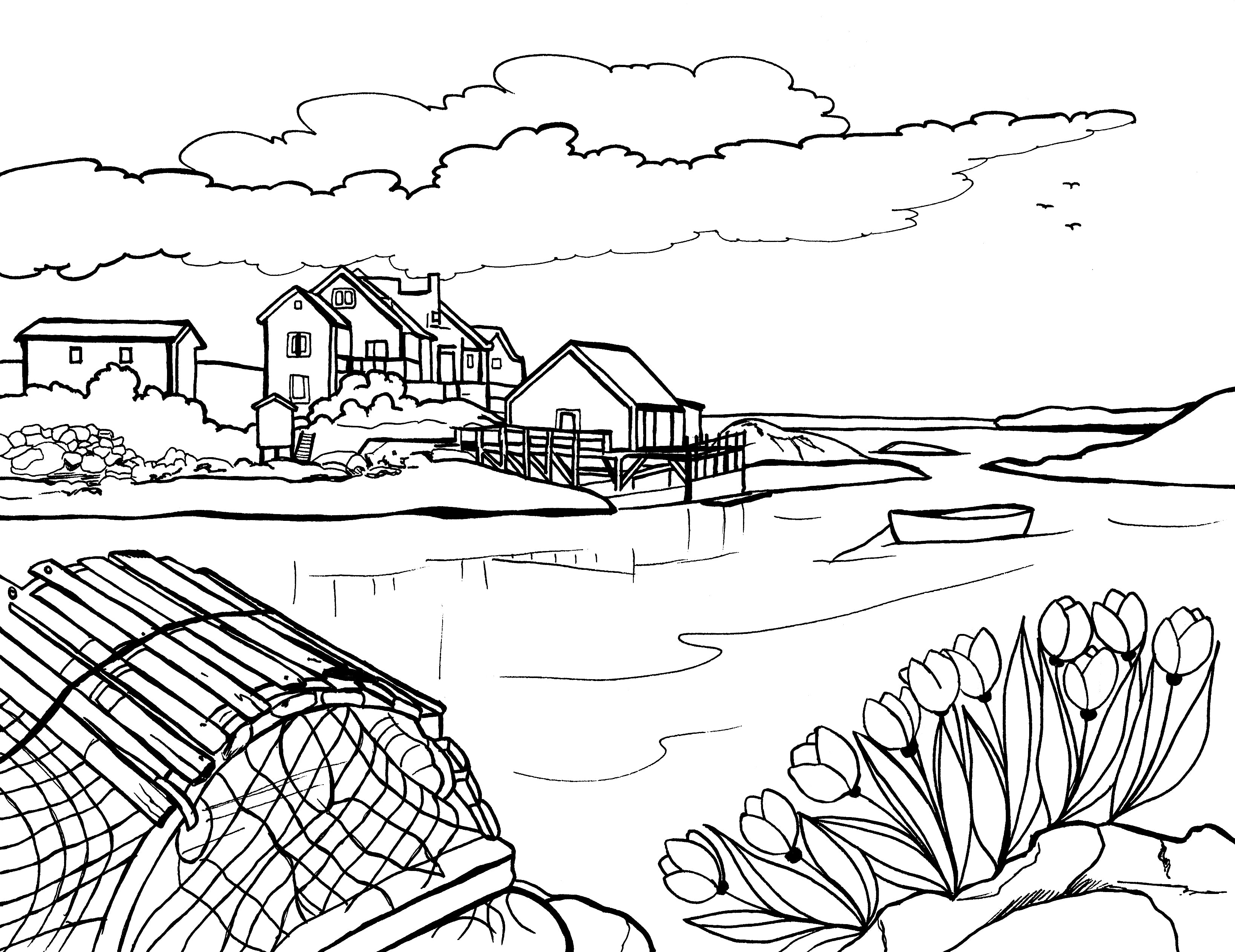 Black and white coloring page depicting a serene Halifax fishing village, featuring detailed houses and a boat dock along the water's edge. In the foreground, there's a prominently displayed fishing trap, and a cluster of tulips, with a gently curving shoreline leading to the open sea under a sky dotted with fluffy clouds. Free coloring page :: You-Color