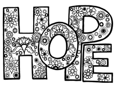 Adult coloring page featuring the word 'HOPE' in bold, block letters filled with various mandala and floral patterns. Each letter is a canvas of intricate designs including flowers, petals, and leaves, encouraging a detailed and mindful coloring session that reflects the uplifting theme of hope. Free coloring page :: YouColor
