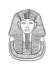 An intricate coloring page showcases a stylized depiction of the famous golden mask of King Tut. The mask is detailed with symmetrical lines and traditional patterns synonymous with ancient Egyptian art. The facial features of the mask are calm and symmetrical, with eyes gazing forward, a symbol of regal eternity.  This page offers an educational and interactive way to engage with one of Egypt's most legendary historical figures and the rich art history of his era.. Free coloring page :: You-Color