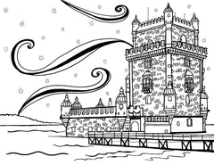 An engaging coloring page illustration of the historic Belém Tower in Lisbon, Portugal, inviting you to bring your colors to a piece of Portuguese maritime history. With its ornate Manueline architecture standing proud on the riverbank, this scene is waiting for enthusiasts to breathe life into a structure that has witnessed the ebb and flow of time. The sky is filled with stars and swirls of magic. Hold a piece of Portugal's Age of Discoveries in your hands. Free coloring page :: You-Color