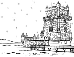 Line art illustration of Belém Tower in Lisbon for coloring, featuring detailed brickwork, battlements, and ornate watchtowers under a starry sky, with calm waves lapping at its base. Ideal for adult coloring. Free coloring page :: You-Color