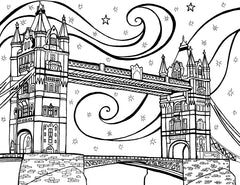 Detailed illustration of the iconic Tower Bridge in London, England, under magical starry sky with swirls. The architecture, featuring two towering neo-Gothic towers and a walkway rising above the River Thames. Each of the towers boasts intricate windows, ledges, and Victorian ornamental details that speak to the bridge's historic significance and architectural beauty. Free coloring page :: You-Color