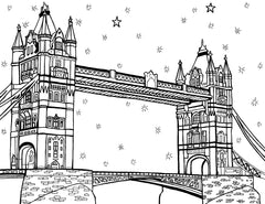 A detailed black and white coloring page depicting the iconic Tower Bridge in London, England. The illustration captures the distinctive Victorian Gothic architecture of the bridge's twin towers, connected by the upper walkways and the lower bridge span that features the drawbridge in the closed position. The cobblestone road leading to the bridge adds a touch of historical charm which encourages coloring enthusiasts to bring this piece of London's heritage to life. Free coloring page :: You-Color