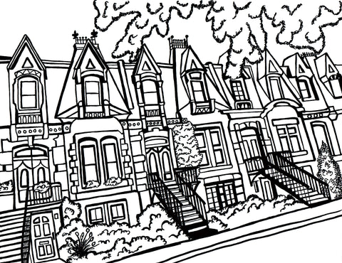 Free coloring page depicting the charming St-Louis Square in Montreal, showcasing Victorian-style greystone houses with colorful facades of pink, purple, blue, and red, against a backdrop of lush, tree-lined pathways and a historic central fountain, reflecting the square's European influence and tranquility within an urban setting. Free coloring page ::  You-Color