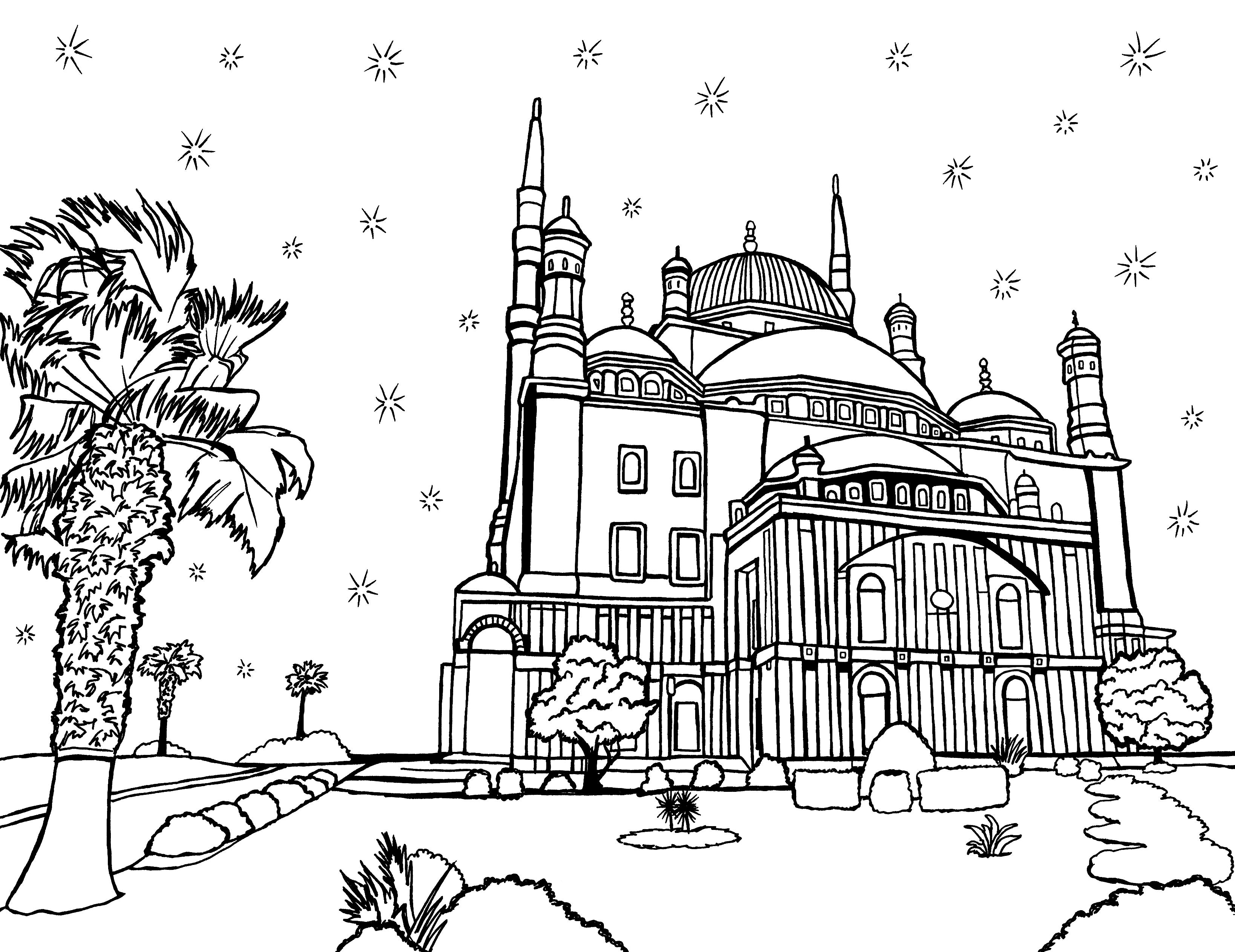 A detailed black and white coloring page depicting the Mosque of Muhammad Ali, also known as the Alabaster Mosque, situated on the Citadel of Cairo, Egypt. The illustration presents a panoramic view of the mosque with its towering minarets, ornate domes, and arched windows. Palm trees sway gently in the foreground, adding a serene natural element to the scene.  This intricate line art invites adults to engage in coloring for relaxation and cultural exploration. Free coloring page :: You-Color