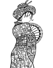 Intricate line art drawing of a geisha for adult coloring, showcasing a detailed kimono with floral patterns, an elegant obi, and a traditional hairstyle adorned with kanzashi hair ornaments. The geisha is depicted holding a sensu folding fan, adding a cultural touch to the artwork. Free coloring page :: YouColor