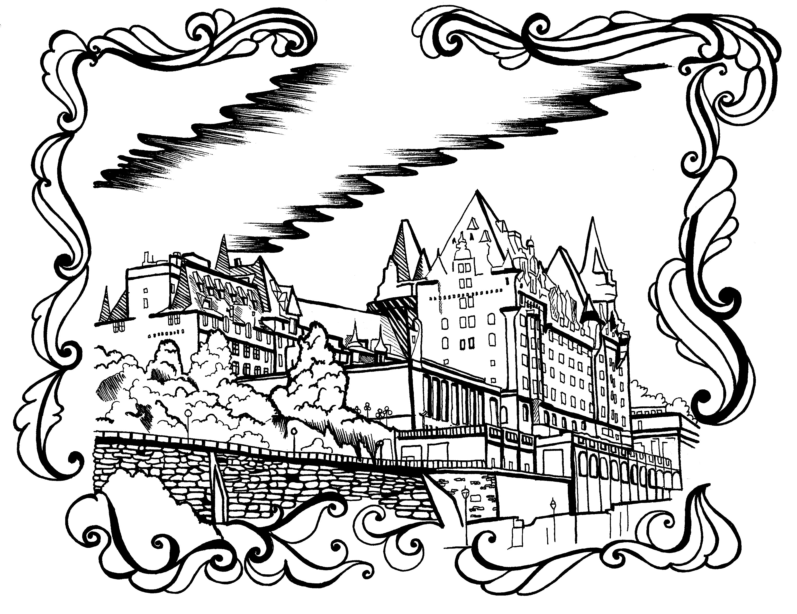 Line art illustration of the Fairmont Château Laurier in Ottawa for coloring, framed by an elegant, ornate border. The drawing captures the grandeur of the historic hotel with its peaked roofs, turrets, and intricate detailing, set against a backdrop of stylized clouds, conveying a sense of Canadian heritage and architectural beauty.Free Coloring page :: You-Color