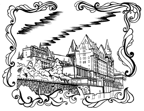 Line art illustration of the Fairmont Château Laurier in Ottawa for coloring, framed by an elegant, ornate border. The drawing captures the grandeur of the historic hotel with its peaked roofs, turrets, and intricate detailing, set against a backdrop of stylized clouds, conveying a sense of Canadian heritage and architectural beauty.Free Coloring page :: You-Color
