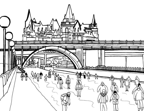 Black and white coloring page depicting a lively scene at the Rideau Canal in Ottawa, Ontario, Canada, with detailed outlines of pedestrians, skaters, and the historic architecture of the Château Laurier in the background. The image captures the essence of a bustling winter day along the canal, inviting users to add color and bring the scene to life, perfect for those who enjoy coloring landmarks and urban life. Free coloring page :: You-Color