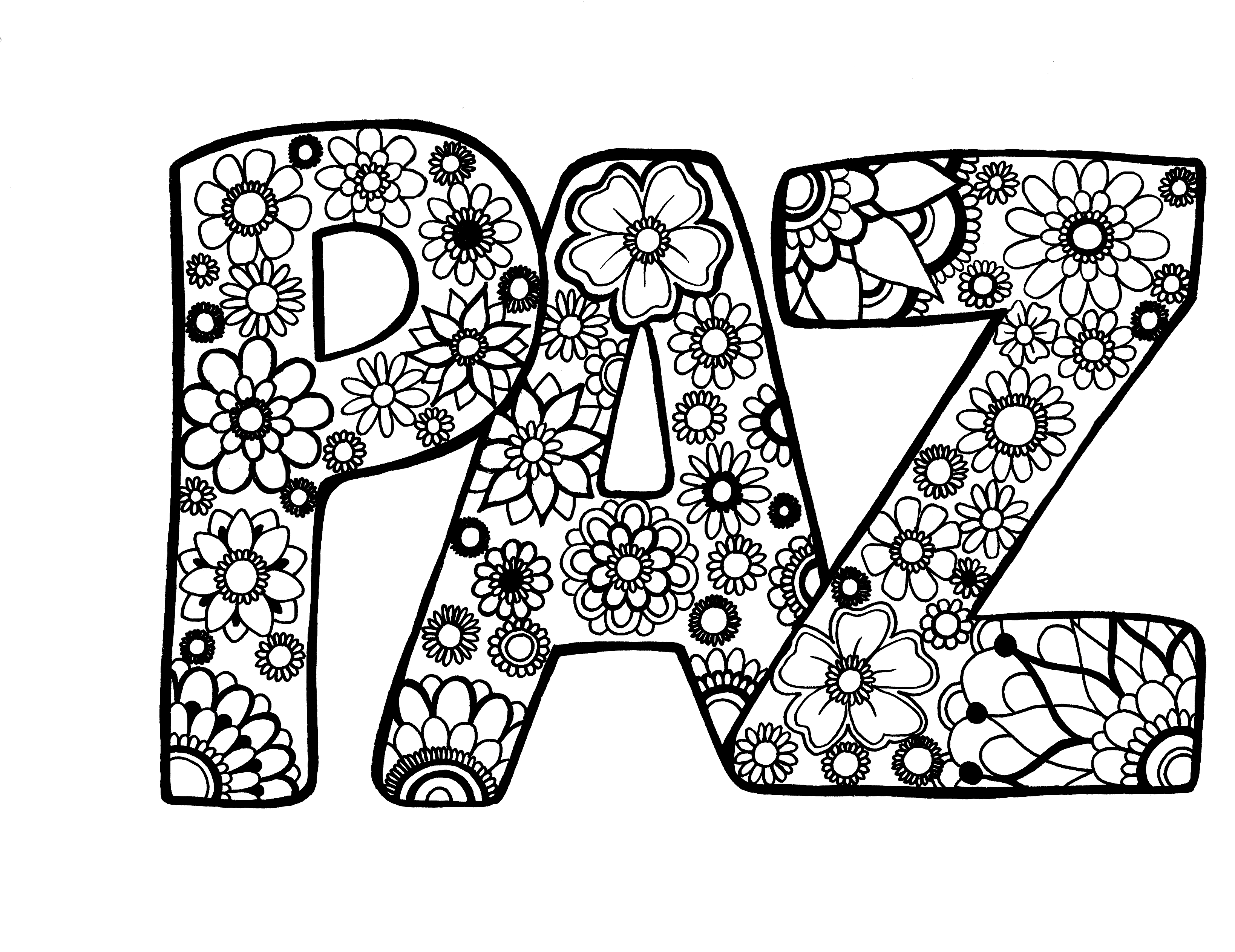 Intricately patterned coloring page featuring the word 'PAZ,' which means 'peace' in Spanish, filled with various mandala-inspired floral designs. Each letter is a canvas of different flowers and petals with diverse shapes and sizes, offering a rich texture to be brought to life with color. This artistic representation of a powerful word provides a serene coloring experience, perfect for adults seeking a creative and peaceful art activity.. Free coloring page :: YouColor