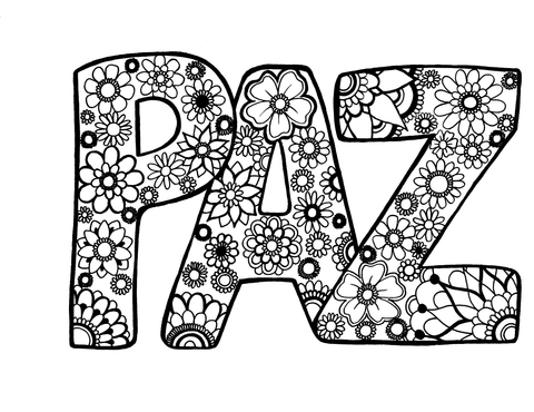 Intricately patterned coloring page featuring the word 'PAZ,' which means 'peace' in Spanish, filled with various mandala-inspired floral designs. Each letter is a canvas of different flowers and petals with diverse shapes and sizes, offering a rich texture to be brought to life with color. This artistic representation of a powerful word provides a serene coloring experience, perfect for adults seeking a creative and peaceful art activity.. Free coloring page :: YouColor