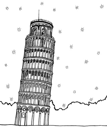 Black and white coloring page featuring the Leaning Tower of Pisa with stars  in the background. This tower is famous for its unintended tilt and is situated in Piazza dei Miracoli (Square of Miracles), also known as Piazza del Duomo, where it accompanies the Pisa Cathedral, the Pisa Baptistry, and the Camposanto Monumentale. Free coloring page :: You-Color