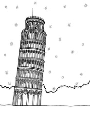 Black and white coloring page featuring the Leaning Tower of Pisa with stars  in the background. This tower is famous for its unintended tilt and is situated in Piazza dei Miracoli (Square of Miracles), also known as Piazza del Duomo, where it accompanies the Pisa Cathedral, the Pisa Baptistry, and the Camposanto Monumentale. Free coloring page :: You-Color