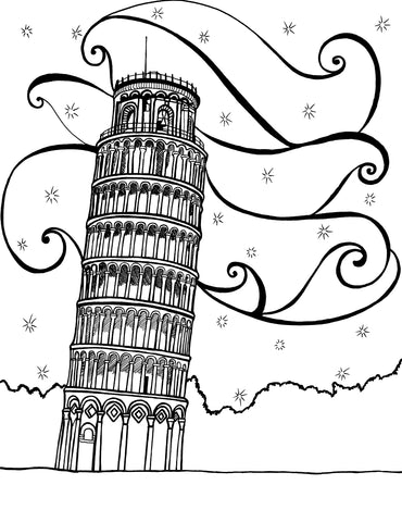 A detailed black and white coloring page featuring the iconic Leaning Tower of Pisa, Italy, stands tall amidst a starry sky and swirls of clouds. The tower's ornate architecture, with its intricate columns and curved arches, is vividly portrayed against a blank background, inviting the addition of color. The surrounding area is minimalist, with a simple horizon line and stylized clouds, focusing the viewer's attention on the tower's majestic structure. Free coloring page :: You-Color