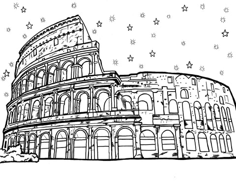 Black and white coloring page featuring a detailed illustration of the Colosseum in Rome, Italy, presented in a bold, graphic style. The historic amphitheater's iconic arches, tiers, and partial ruins are rendered with clear lines and shading for depth, set against a background of twinkling stars. This image is designed to inspire creativity and relaxation through coloring, while providing a connection to the ancient world. Free coloring page :: You-Color