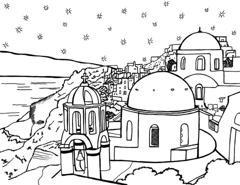 From the creative vision of YouColor and the artistry of Nancy Béliveau, this free coloring page captures the serene beauty of Santorini, Athens, Greece. The scene is meticulously designed, featuring the island's signature whitewashed buildings with sapphire domes, overlooking the calm Aegean Sea, under a sky dotted with stars. It is an invitation by YouColor to colorists to immerse themselves in the tranquil and picturesque setting of one of Greece’s most beloved vistas. Free coloring page :: You-Color