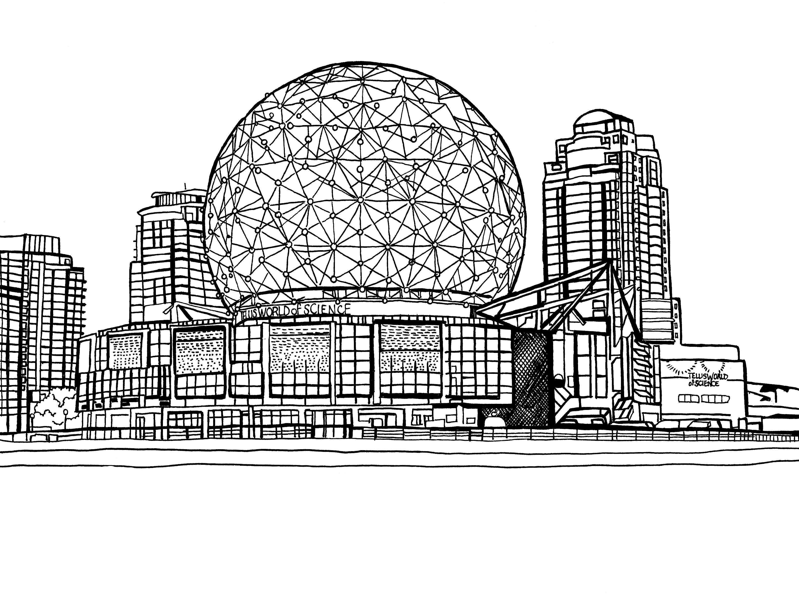 A YouColor creation by Nancy Béliveau, this free coloring page showcases the iconic geodesic dome of Science World in Vancouver, Canada. The illustration details the distinctive structure and its surrounding urban landscape, under a sky filled with stars, inviting colorists to infuse the scene with hues that reflect the vibrant educational spirit of this landmark. Perfect for those who appreciate the fusion of art, science, and creativity. Free coloring page :: You-Color