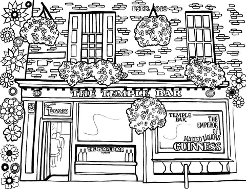 The detailed black and white coloring page features the renowned Temple Bar in Dublin. The pub's facade, adorned with hanging flower baskets and the distinctive signage, is emblematic of the lively Irish spirit. Windows display signs of traditional tobacco and the proud label of Guinness. The scene is encased in a festive array of mandalas and flowers, reflecting the pub's standing as a center of conviviality and cultural heritage in the heart of Dublin. Free coloring page :: You-Color